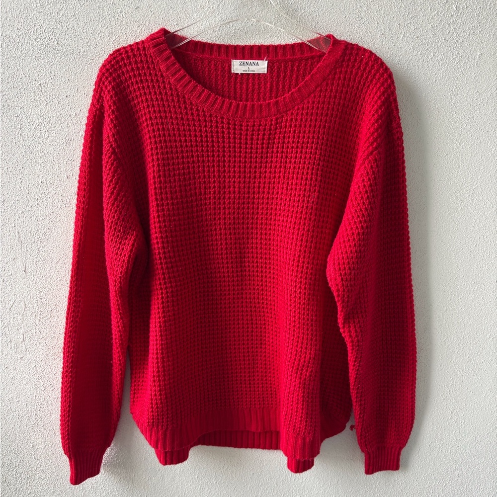 Zenana Red Size L Sweater Round Neck Long Sleeve Holidays Preppy Classic‎ Casual